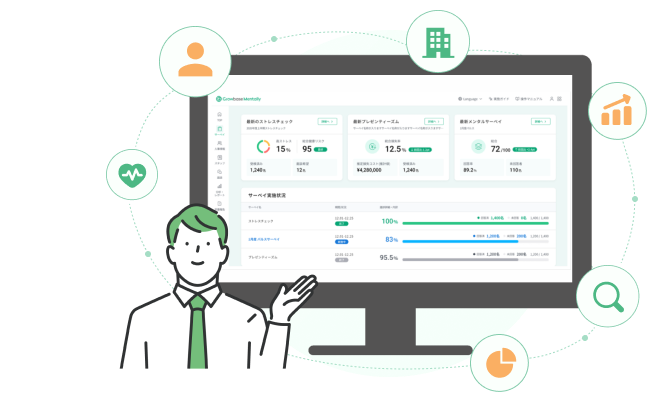 Growbase Mentallyのダッシュボード画面と人物イラスト